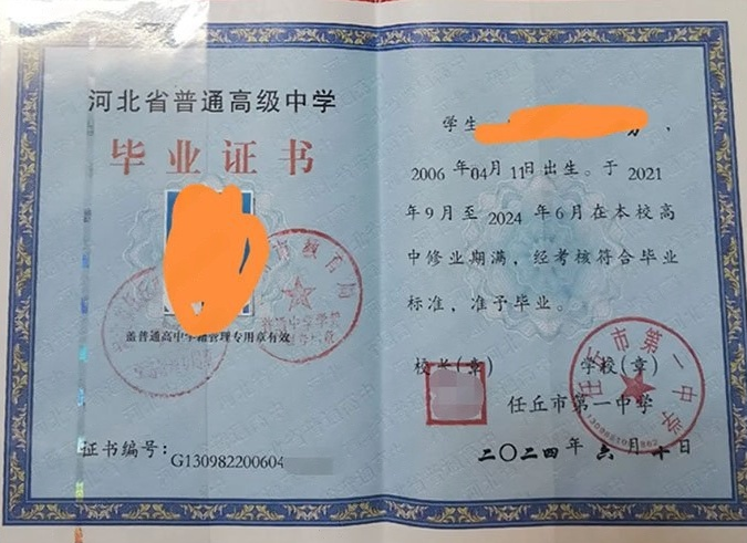 温州任丘市第一中学高中毕业证样本图片